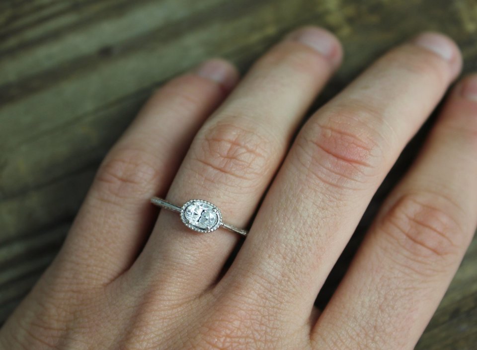 14k White Gold Moissanite Ring, Oval Vintage Inspired, East to West Engagement R