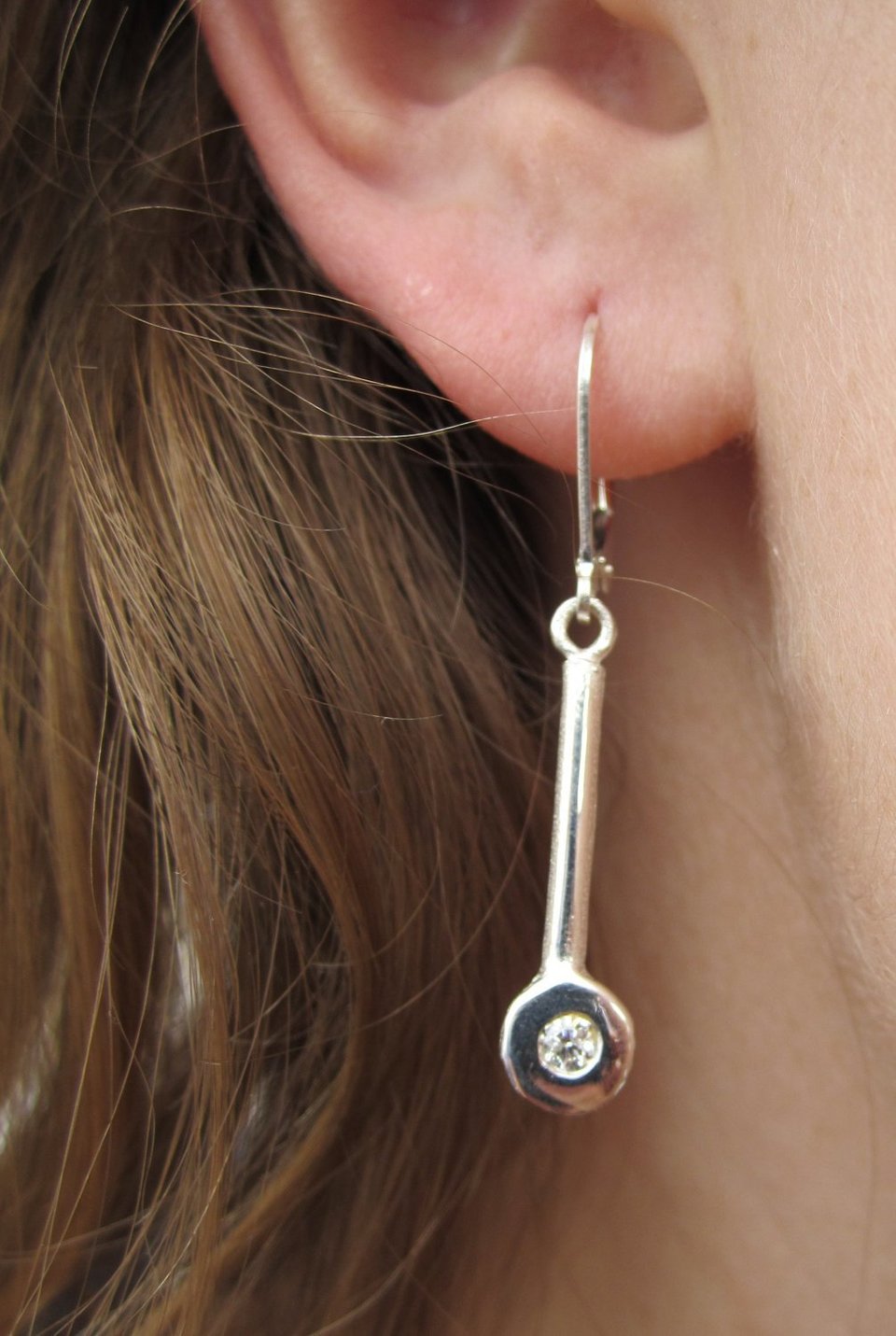 Sterling Silver Diamond Earrings, Modern Drop Earrings, Leverback Earrings, Dang