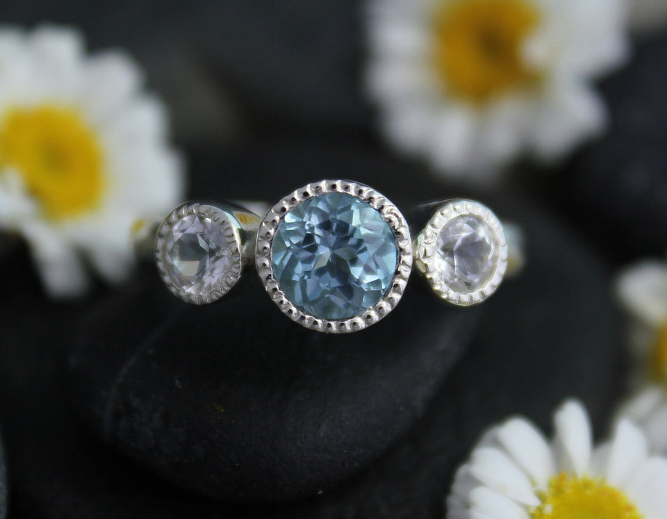 Sky Blue Topaz White Topaz Sterling Silver Ring - Three Stone Ring - Bezel Set Three Stone Ring - Ready to ship Size 7