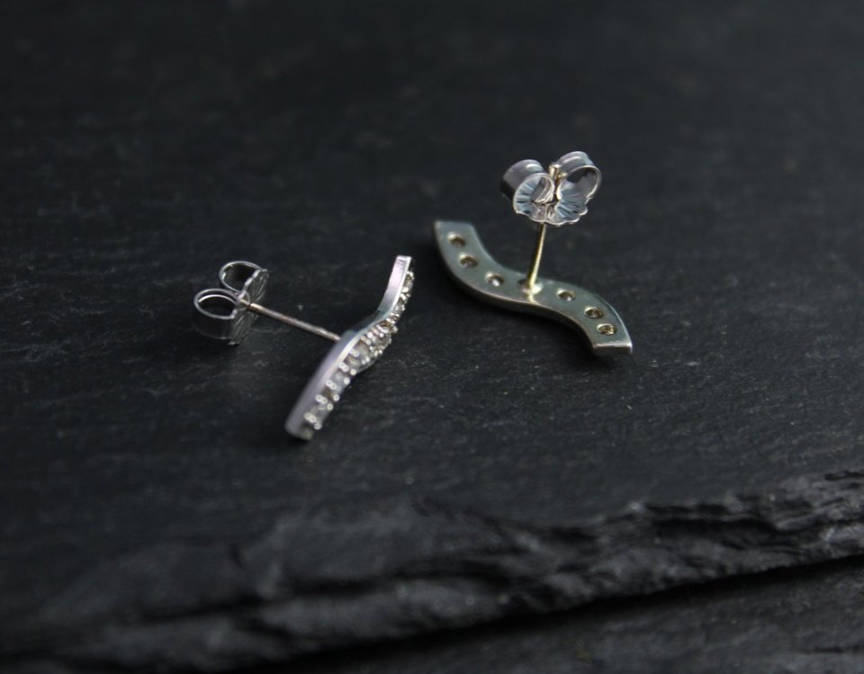 Wavey Diamond Bar Earrings, 14k White Gold Bar Earrings, Wave Earrings, Diamond Bar Earrings, Wavey Bar, Stud Earrings, Ready to Ship