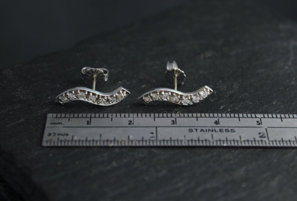 Wavey Diamond Bar Earrings, 14k White Gold Bar Earrings, Wave Earrings, Diamond Bar Earrings, Wavey Bar, Stud Earrings, Ready to Ship