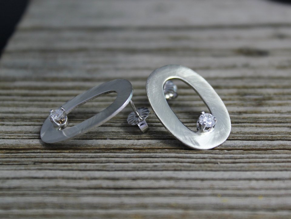 Brushed 14k White Gold Diamond Earrings - Drop Earrings - Oval Earrings - Ready to Ship