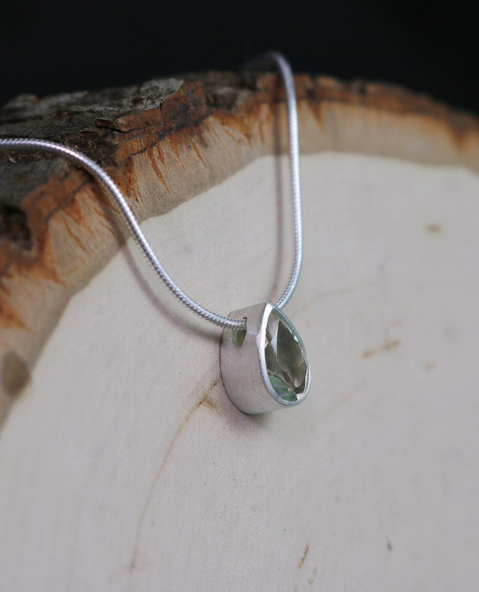 Sterling Silver Pear Shape Prasiolite Pendant, Sliding Pendant, Bezel Set, Tear Drop Pendant, Gift for Her, Green Amethyst, Ready to Ship