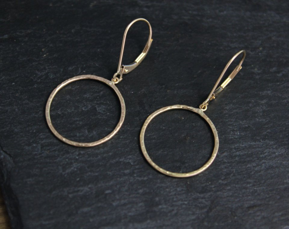 Hammered Yellow Gold Hoop Earrings, 14k Yellow Gold Earrings, Dangle Earrings with Leverbacks, Dangle Circle Hoops, Ready to Ship