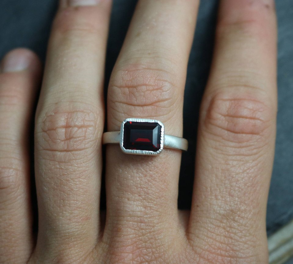 Emerald Cut Garnet Ring, East to West, Sideways Emerald Cut, January Birthstone, Garnet Solitaire Ring, Recycled Silver, Ready to Ship