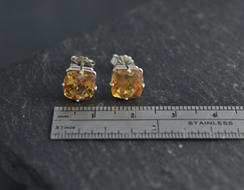 Citrine 14k White Gold Stud Earrings, 8mm Cushion Cut Citrine Earrings, November Birthstone Earrings, Ready to Ship