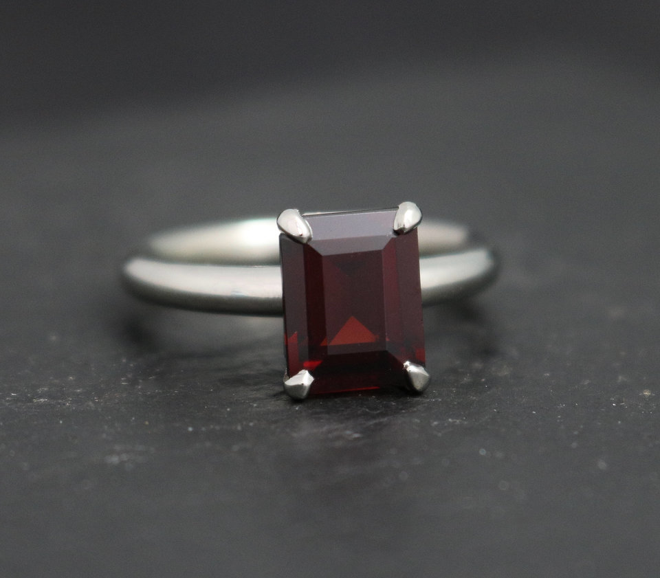 14k White Gold Garnet Prong Ring, Emerald Cut Garnet Solitaire, Prong Ring, Janu