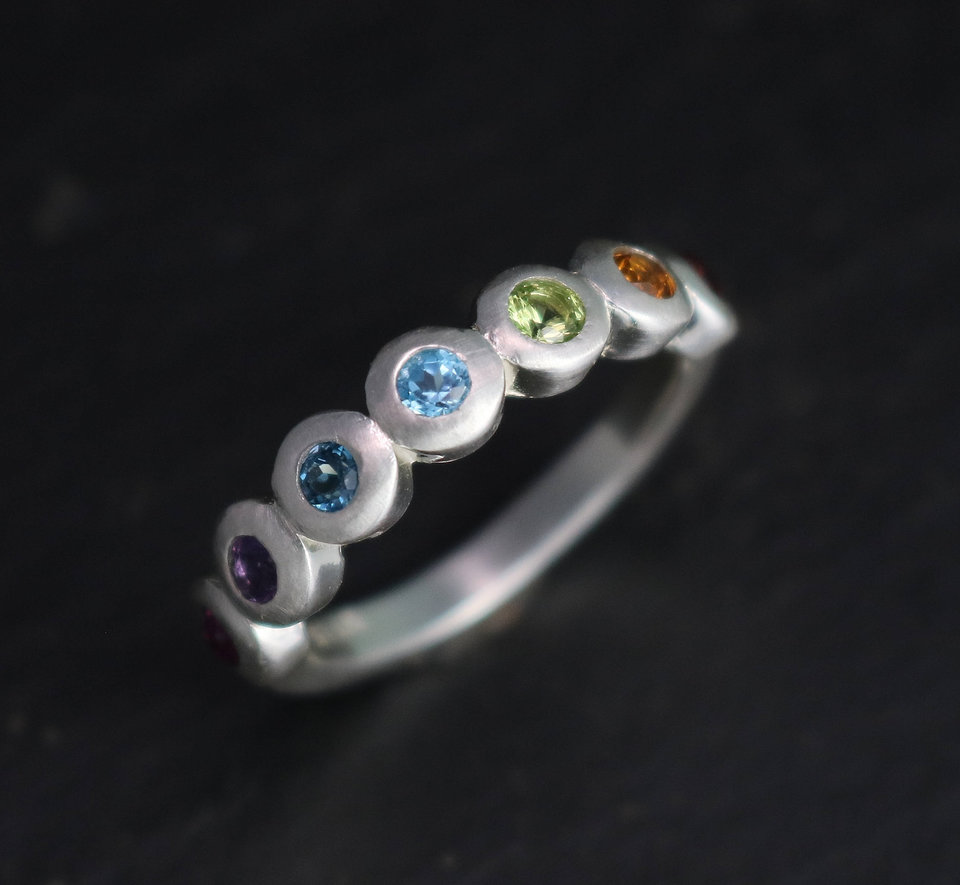 Rainbow Seven Stone Ring, Bezel Set Seven Stone Stacking Band, Anniversary Band, Love Wins, Ready to Ship Size 6.5