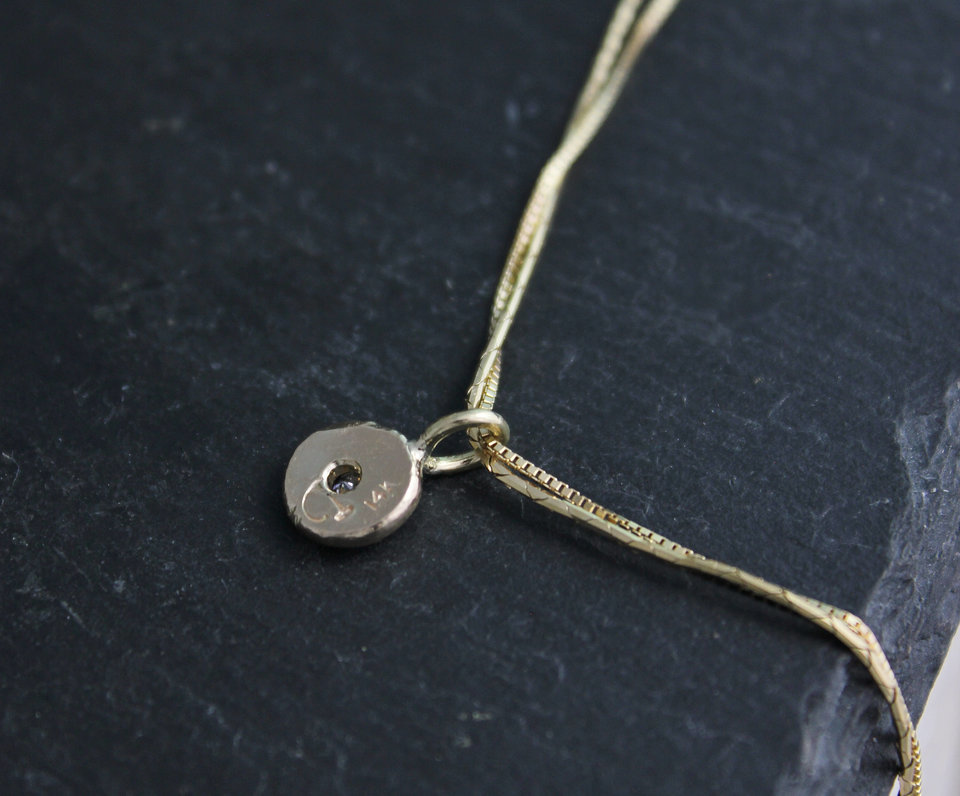 14k Gold Diamond Coin Pebble Necklace, Handmade Solid Gold Pendant, Gold Diamond Disc Pendant, Bridesmaid Gift, Ready to Ship Neckwear