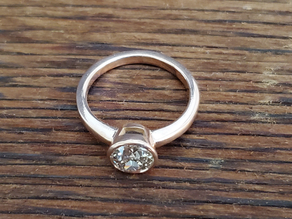 Moissanite peek a boo solitaire engagement ring solitaire 6mm old european cut round alternative engagement ring 14k rose gold, open bezel