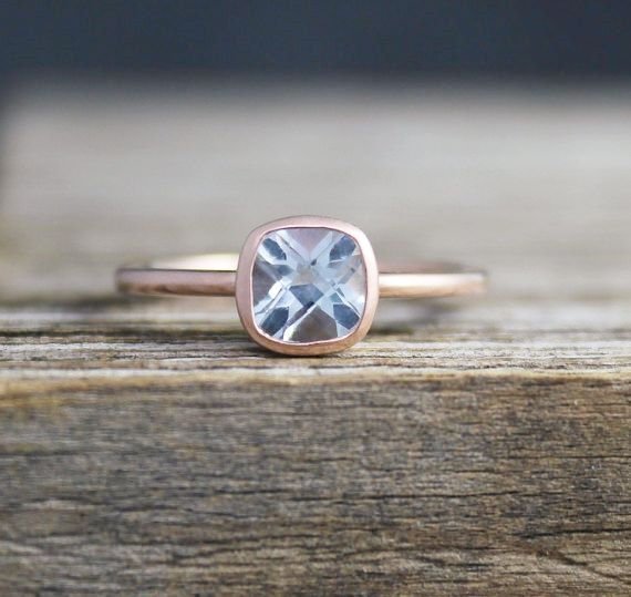 Aquamarine and 14k Rose Gold Ring, Cushion Cut Aquamarine Solitaire, Diamond Alternative Engagement, March Birthstone, Ready to ship size 6