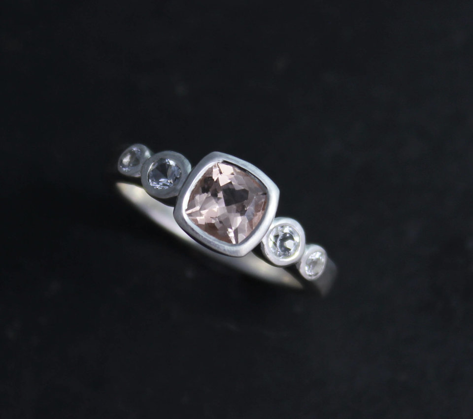 Morganite and White Topaz Ring, Sterling Silver Five Stone Ring, Solitaire with Accents, Cushion Cut Morganite,  Ready to Ship Size 6.75