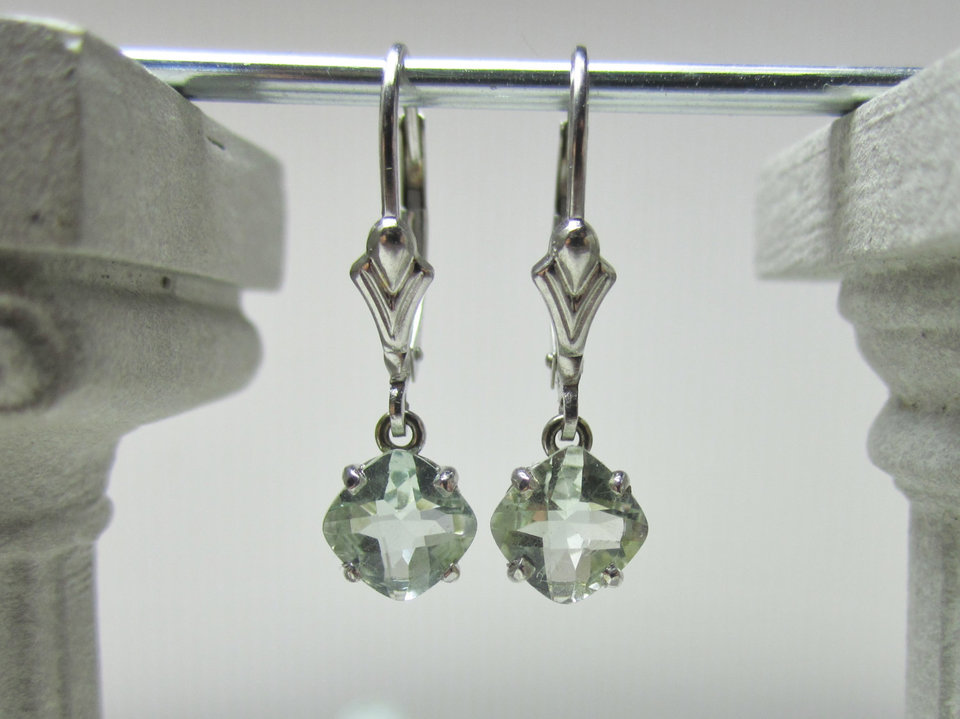 14kt White Gold Green Amethyst, prasiolite, dangle earrings vintage look antique