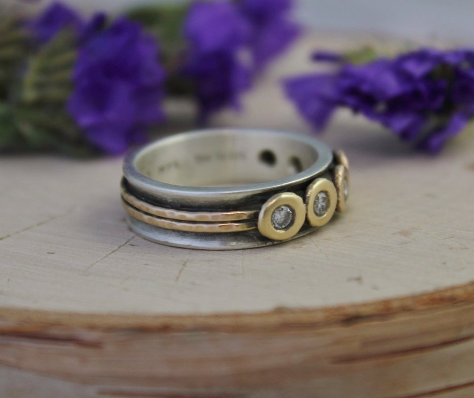 Sterling Silver 14k Yellow Gold 6 Stone Diamond Pebble Ring, 6mm Wide Band, Mixed Metals, Diamond Pebble Band, Oxidized Silver