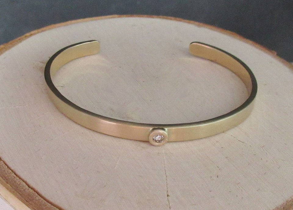 Solid 14k Yellow Gold Diamond Cuff Bracelet, Handmade Bracelet, Modern Cuff, One