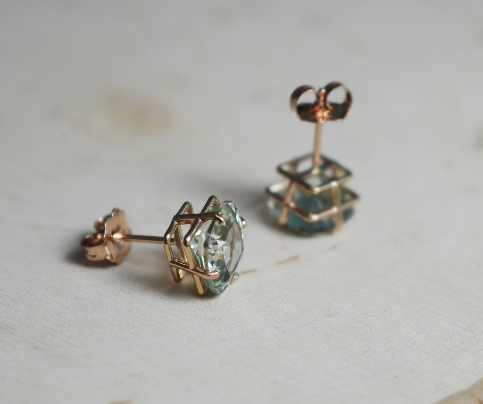 8mm Prasiolite 14k Rose Gold Stud Earrings, 8mm Cushion Cut, Green Amethyst, Soft Green Gemstone, Big Gemstone Studs,