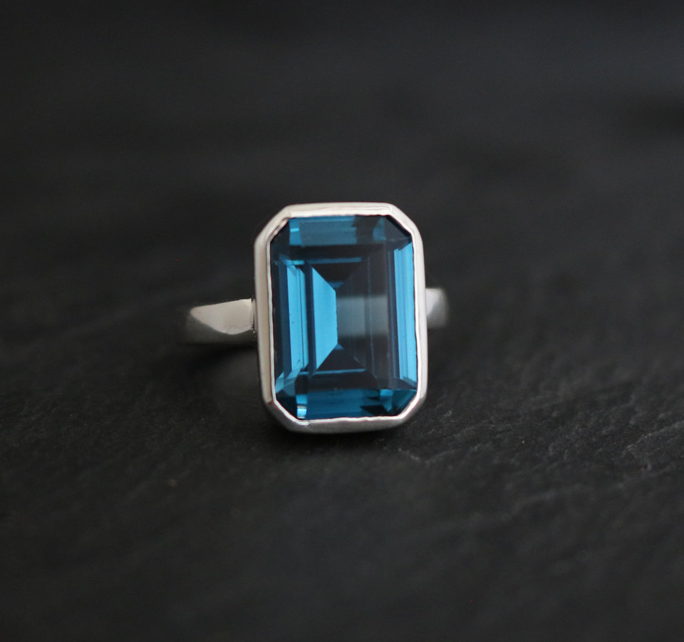 Emerald Cut London Blue Topaz Ring - Bezel Set Ring - Sterling Silver 14mm x 10m