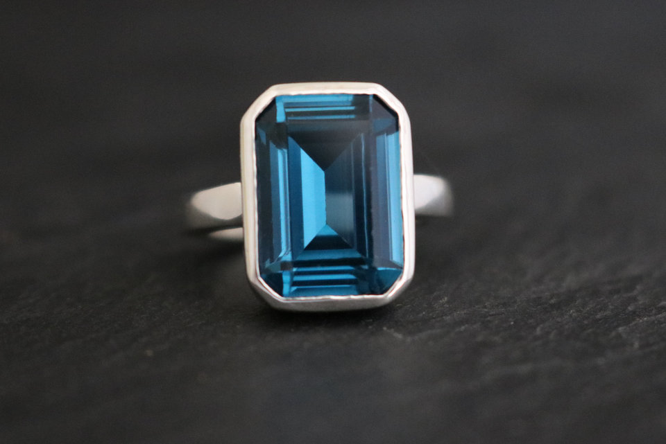 Emerald Cut London Blue Topaz Ring - Bezel Set Ring - Sterling Silver 14mm x 10m