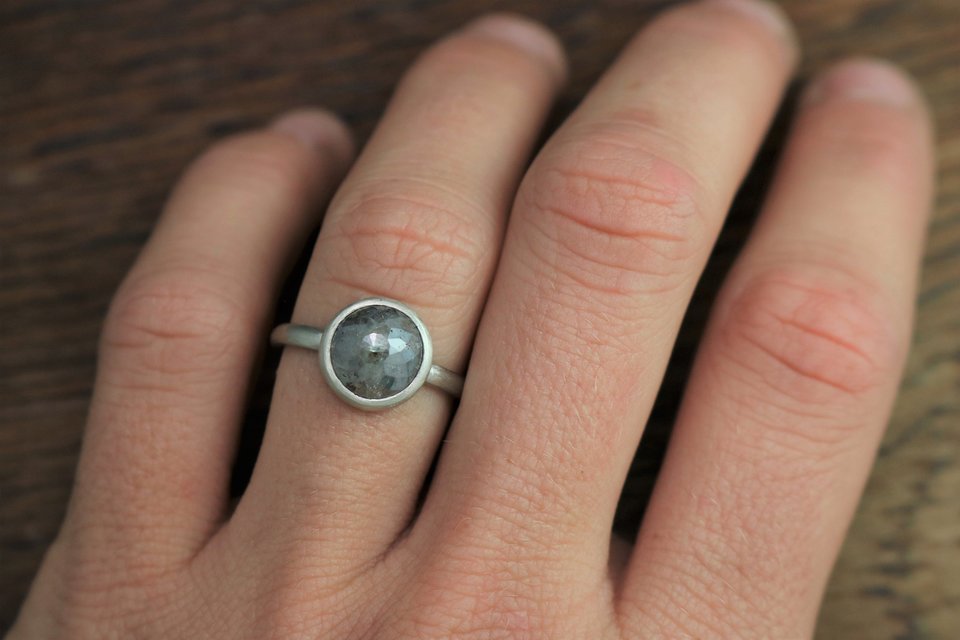 Rose Cut Gray Diamond Ring in 14k White Gold, 8mm Diamond, Rose Cut Engagement Ring, pick your stone