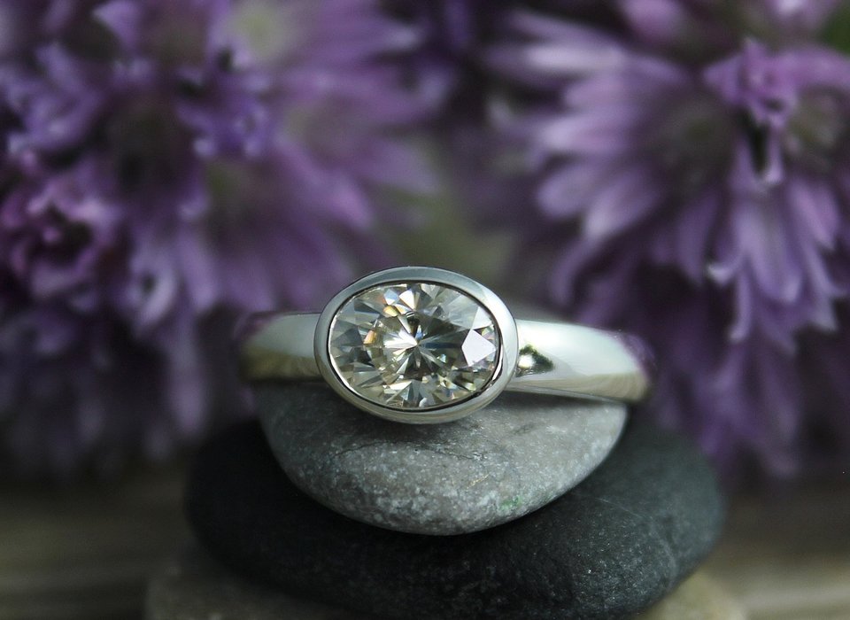 Oval Moissanite Ring, bezel 14k white gold, 7 x 5 mm Sideways, Vintage Inspired, Recycled , Made to order