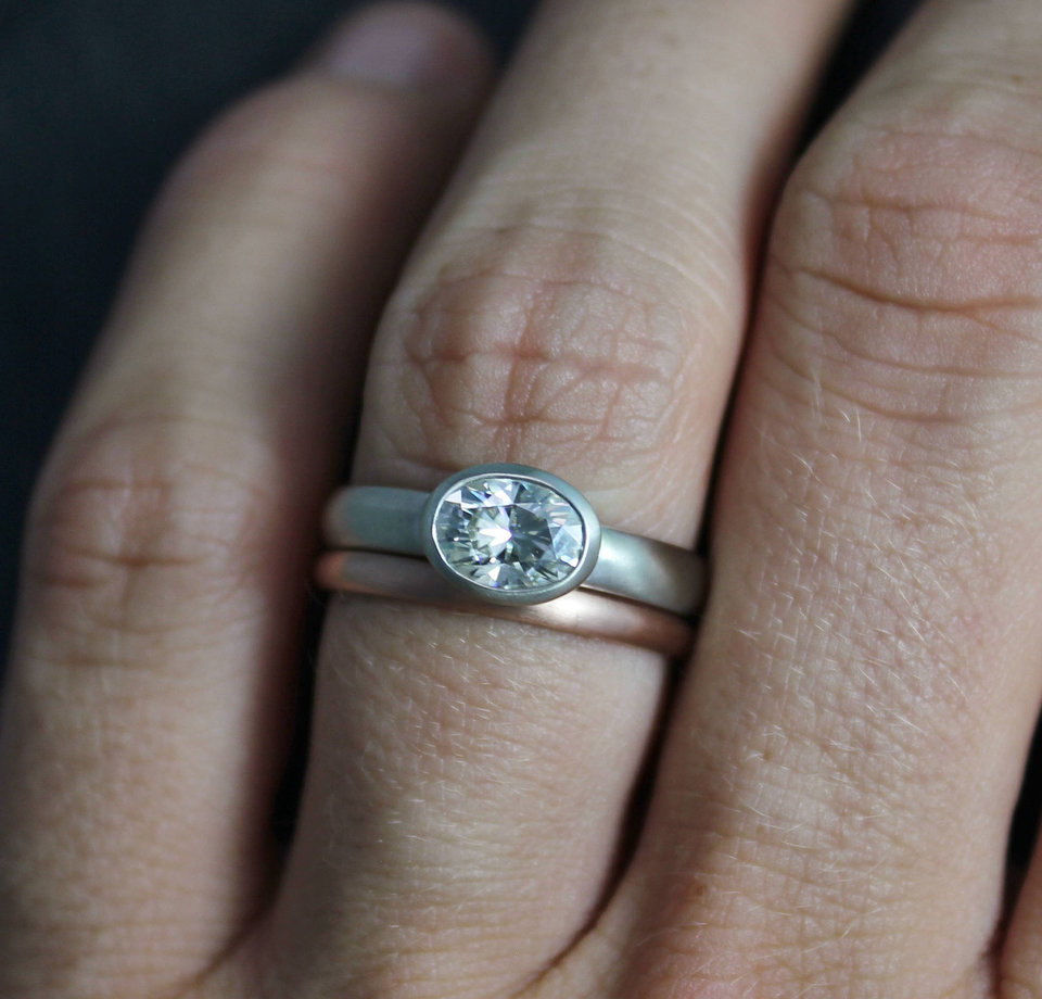 Oval Moissanite Ring, bezel 14k white gold, 7 x 5 mm Sideways, Vintage Inspired, Recycled , Made to order