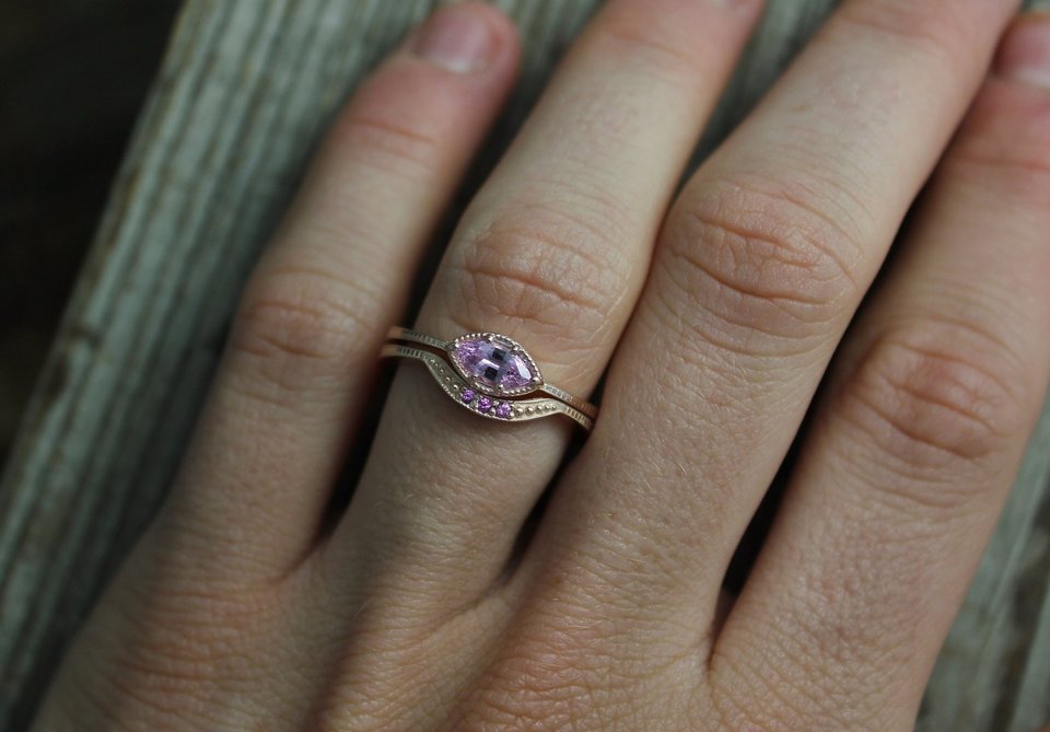 Ships today in your size Pink Sapphire Marquise Ring,  Rose Gold Marquise East West Ring, Engagement Wedding Set, Made to order