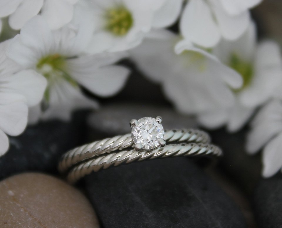 14k White Gold Diamond Engagement Ring, Stackable  Ring, Rope pattern band,  Bri