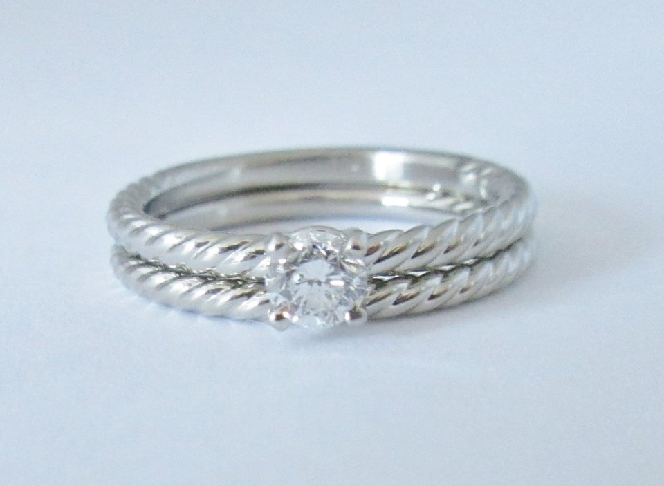 14k White Gold Diamond Engagement Ring, Stackable  Ring, Rope pattern band,  Bri