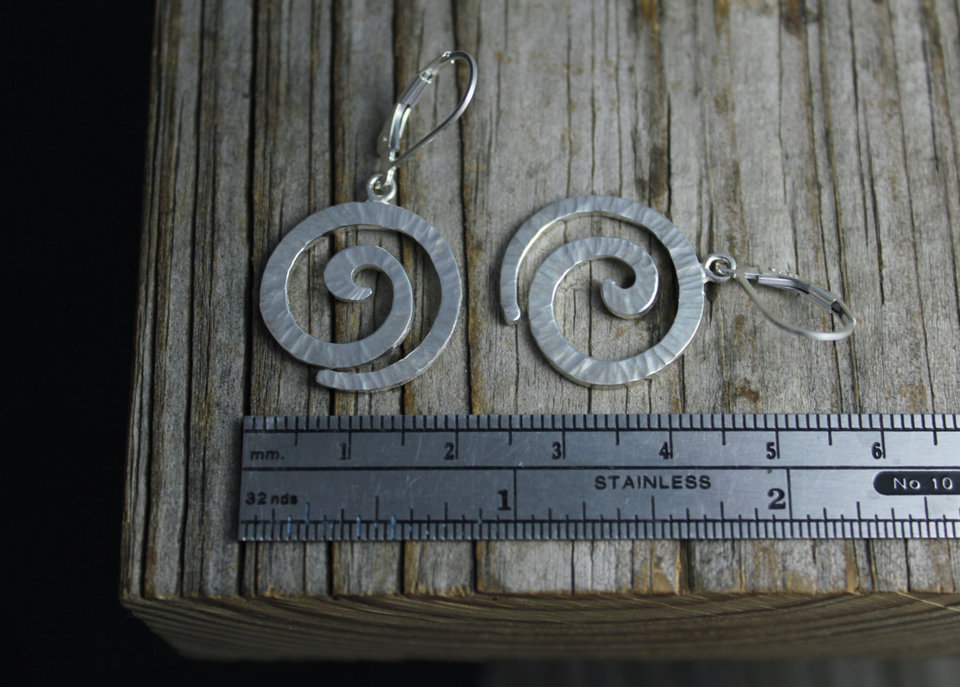 Sterling Silver Sprial Dangle Earrings, Hammered Spirals, Drop Earrings, Circle Spiral, Gaia Earrings, Leverbacks, Ready to Ship Earrings