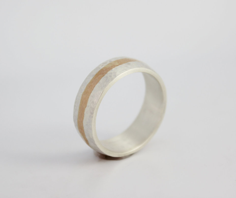 7mm Hammered Yellow Gold and Silver Ring, Gold Inlay Men's Ring, Sterling Silver 14k Rose Gold, Wedding Band, Made to Order