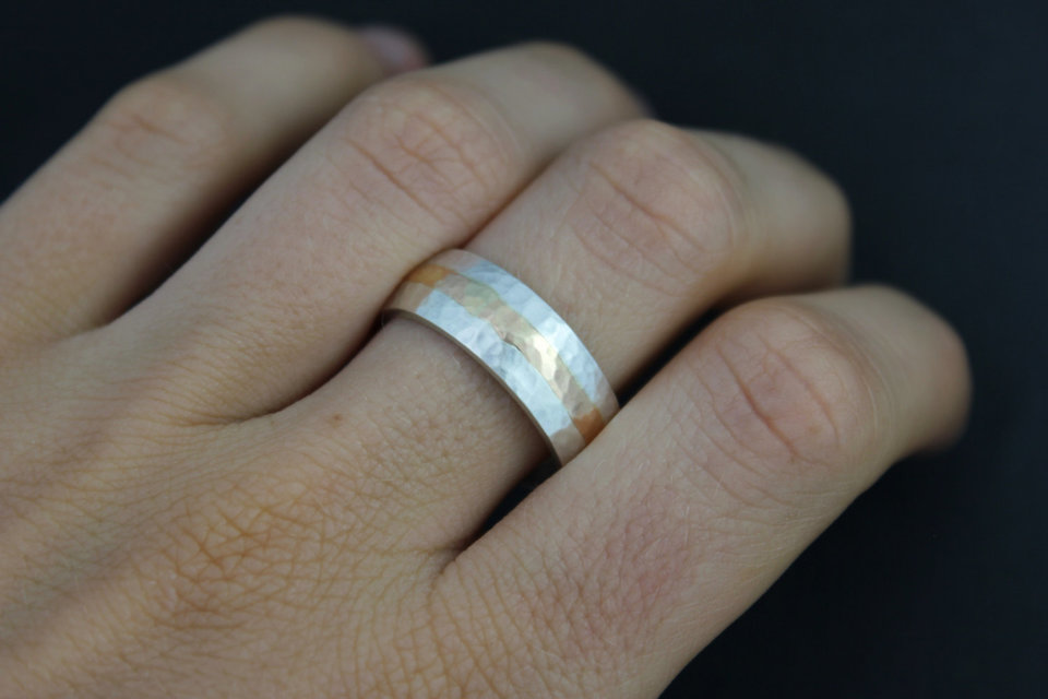 7mm Hammered Yellow Gold and Silver Ring, Gold Inlay Men's Ring, Sterling Silver 14k Rose Gold, Wedding Band, Made to Order