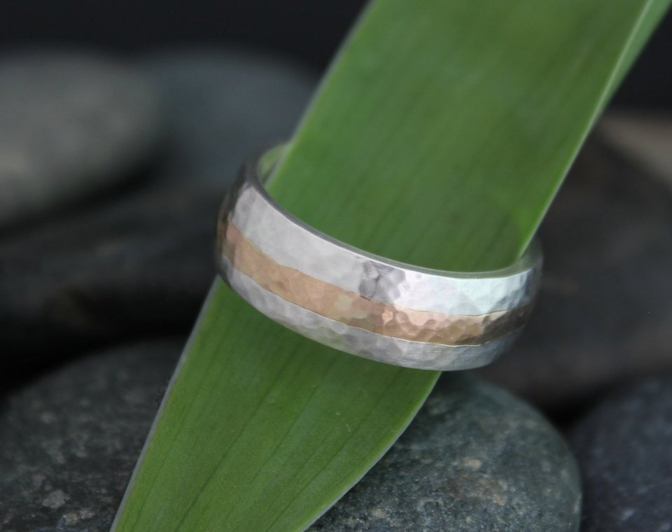 7mm Hammered Yellow Gold and Silver Ring, Gold Inlay Men's Ring, Sterling Silver 14k Rose Gold, Wedding Band, Made to Order