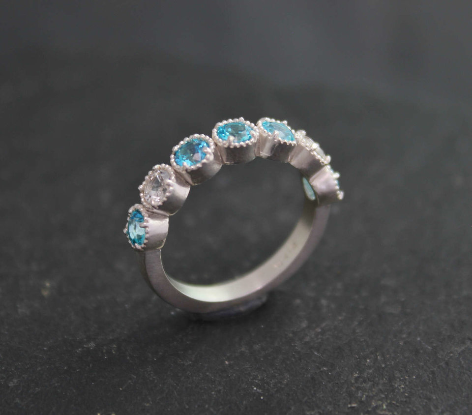 Seven Stone Ring in Sterling Silver, Paraiba Blue Topaz and White Topaz, Multistone Ring, Unique Statement Ring, Ready to Ship Size 6.25