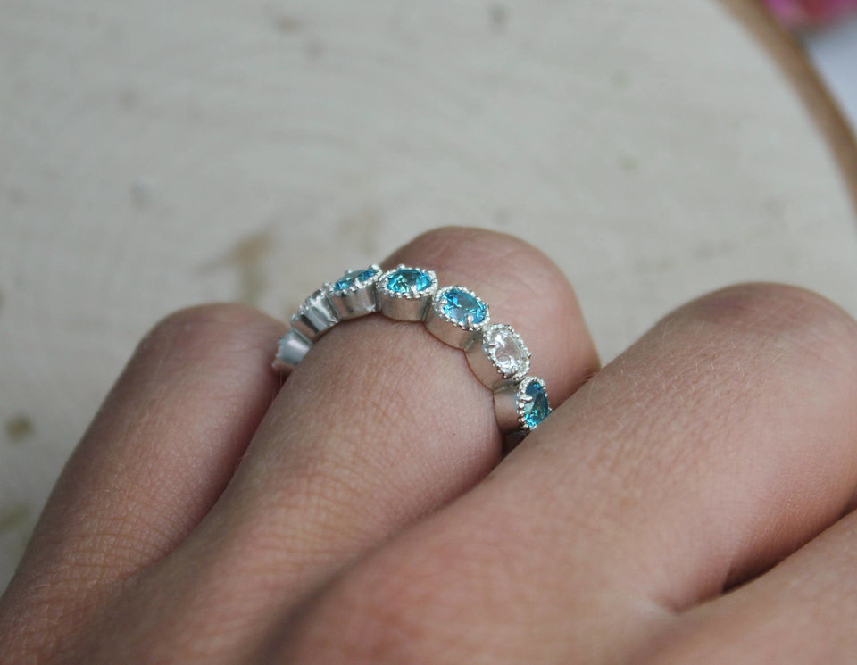 Seven Stone Ring in Sterling Silver, Paraiba Blue Topaz and White Topaz, Multistone Ring, Unique Statement Ring, Ready to Ship Size 6.25