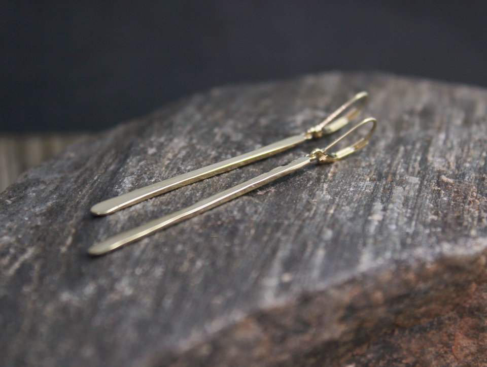 14k Gold Long Bar Earrings, Gold Thread Earrings, Stick, Long Thin Earrings, Rec