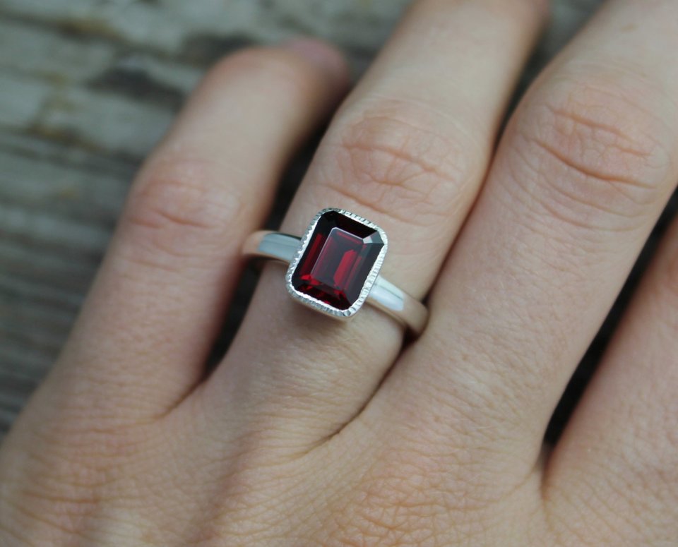Garnet Ring, 9x7 Textured Bezel Set Garnet Ring, January Birthstone Ring, Garnet