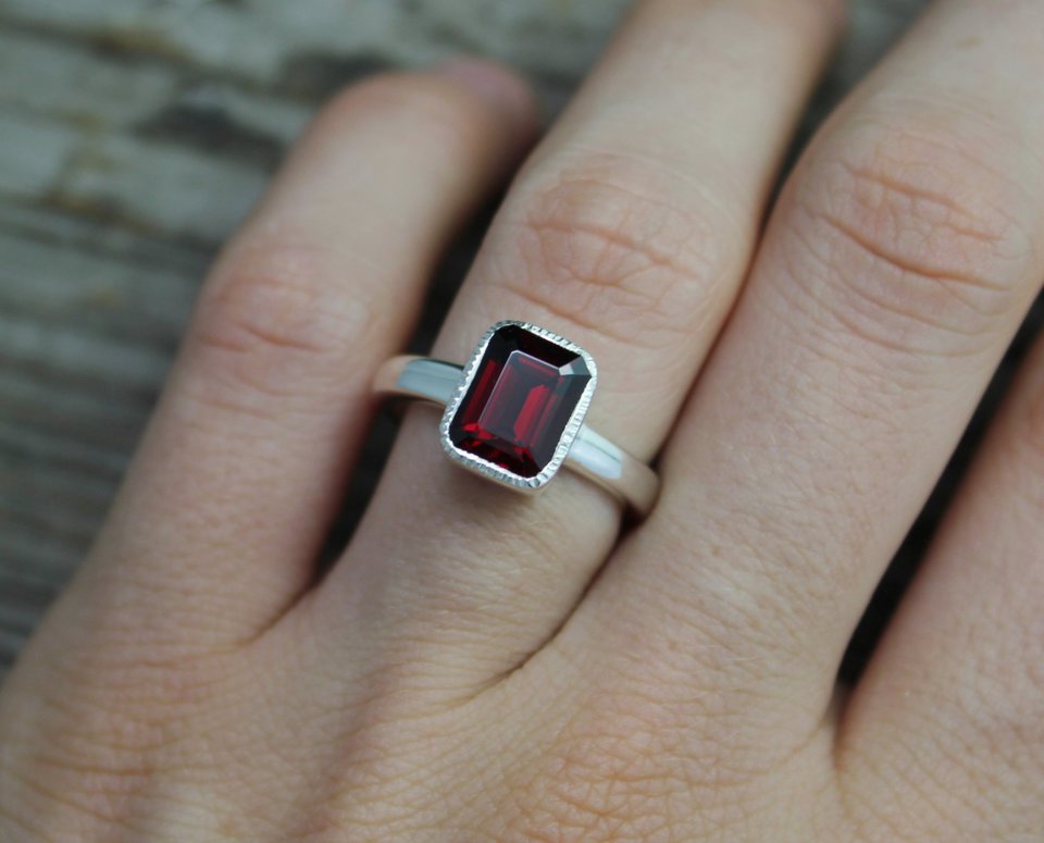 Garnet Ring, 9x7 Textured Bezel Set Garnet Ring, January Birthstone Ring, Garnet