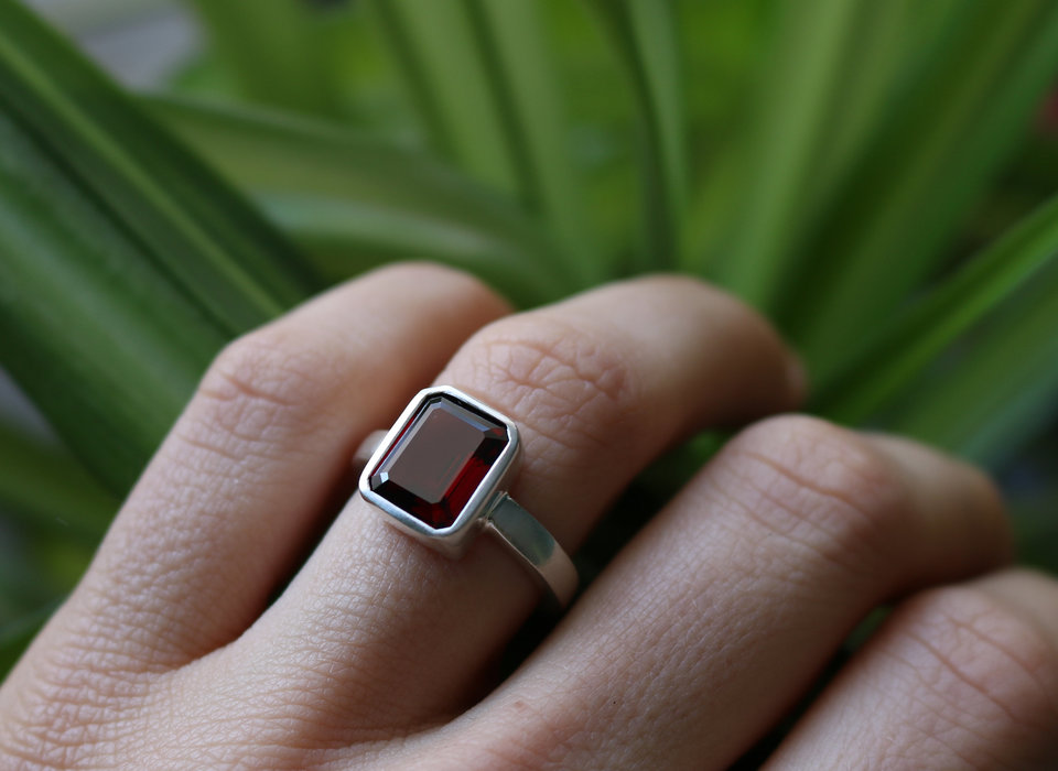 Garnet Ring, 9x7 Textured Bezel Set Garnet Ring, January Birthstone Ring, Garnet