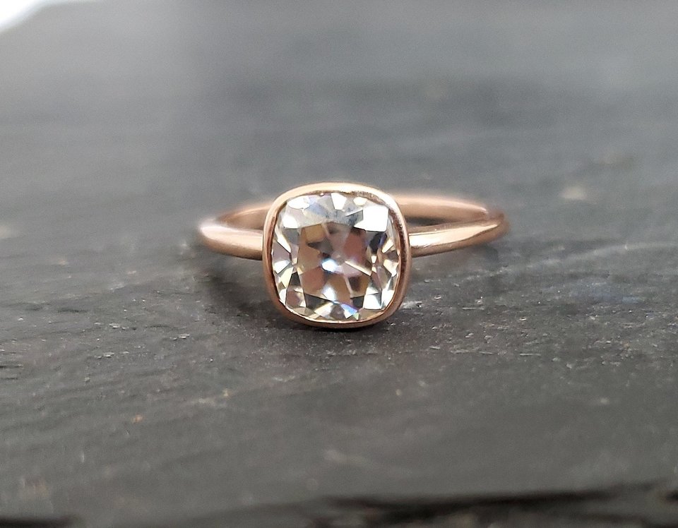 Mine cut Moissanite 7mm  cushion ring 14k Rose Gold Solitaire engagement ring  statement ring vintage mine cut Diamond alternative, unique