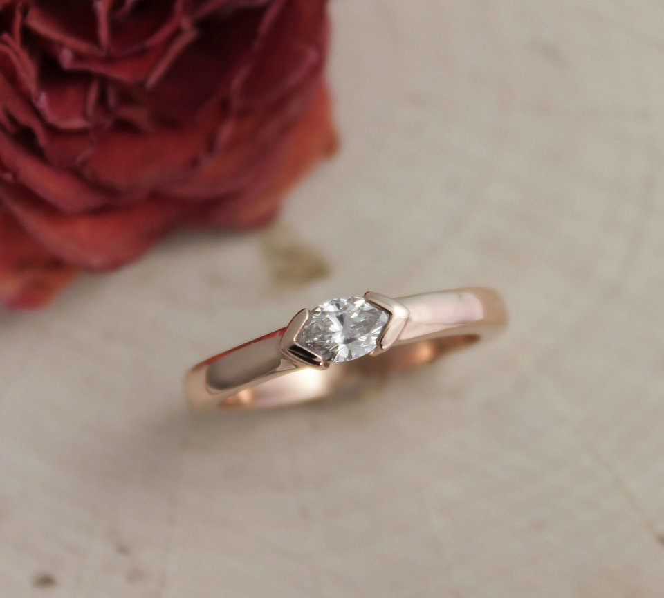 Diamond Marquise Ring in 14k Rose Gold, East to West Marquise, Half Bezel, Simple Engagement Ring, Minimalist Ring, Recycled, Made to Order