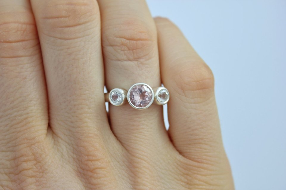 Morganite and White Topaz Ring // Three Stone Ring // Bezel Set // Sterling Silver Ring // Past Present Future Ring // Eco Friendly