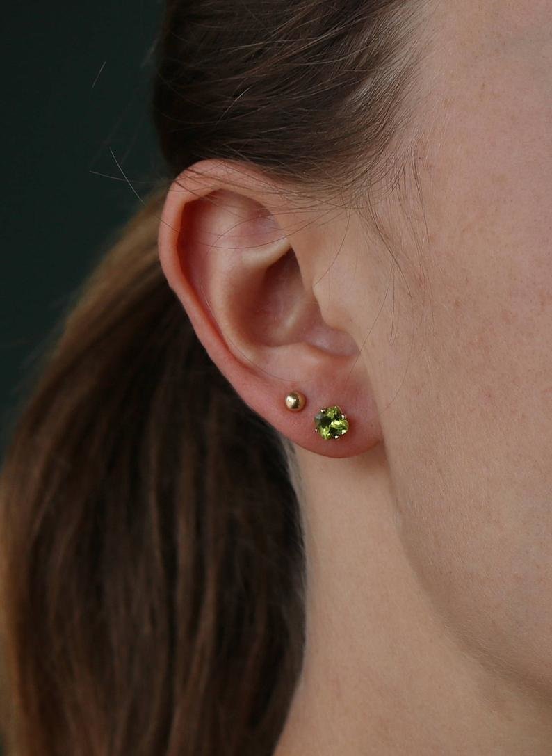 Peridot 14k White Gold  Earring Studs, Peridot Stud Earrings, 6mm, Cushion Cut,