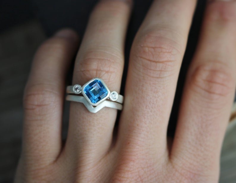 Asscher Cut Swiss blue Topaz Ring, 7mm Asscher Cut Asscher bezel ring asscher so