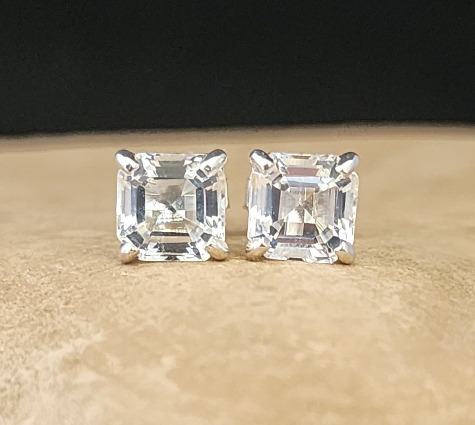 Asscher Cut White Topaz sterling silver 6mm Studs, Ready to ship claw prong studs ON SALE!