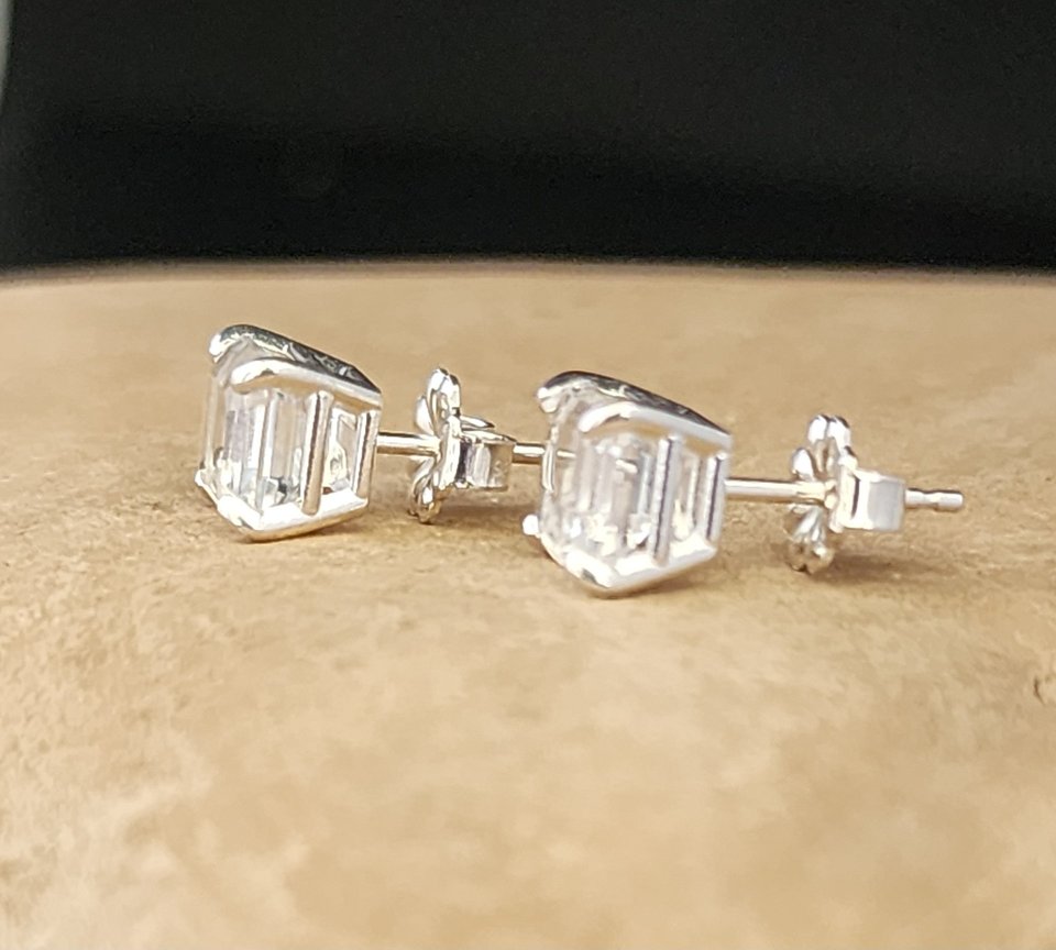 Asscher Cut White Topaz sterling silver 6mm Studs, Ready to ship claw prong studs ON SALE!