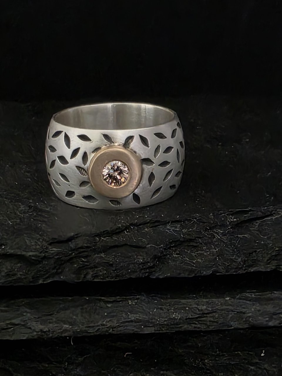 Desert diamond ring 14k Yellow Gold & Sterling Silver Ring, 12mm Wide Band, Organic Twig Ring, Wedding Band, Eco Friendly, Ready to Ship SZ 8