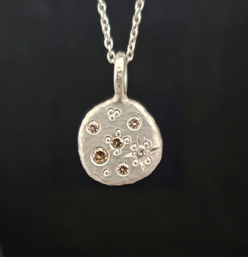 Desert Diamond Coin Pebble Necklace,  silver Diamond Pendant, Conflict Free Eco Friendly  Necklace, Ready to Ship OOAK