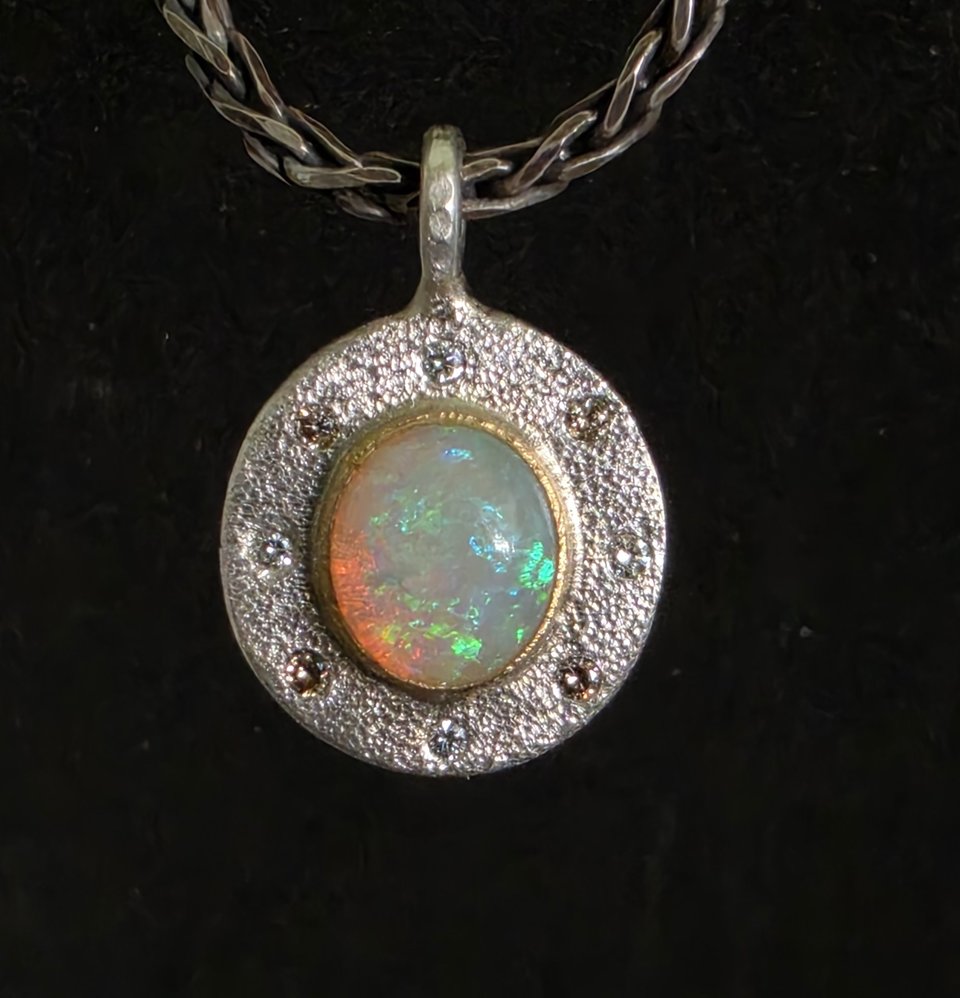 Diamond Opal Coin Pebble Necklace with diamonds, 22k Yellow Gold silver Diamond Pendant, Gold Necklace, Ready to Ship Neckwear one of a kind