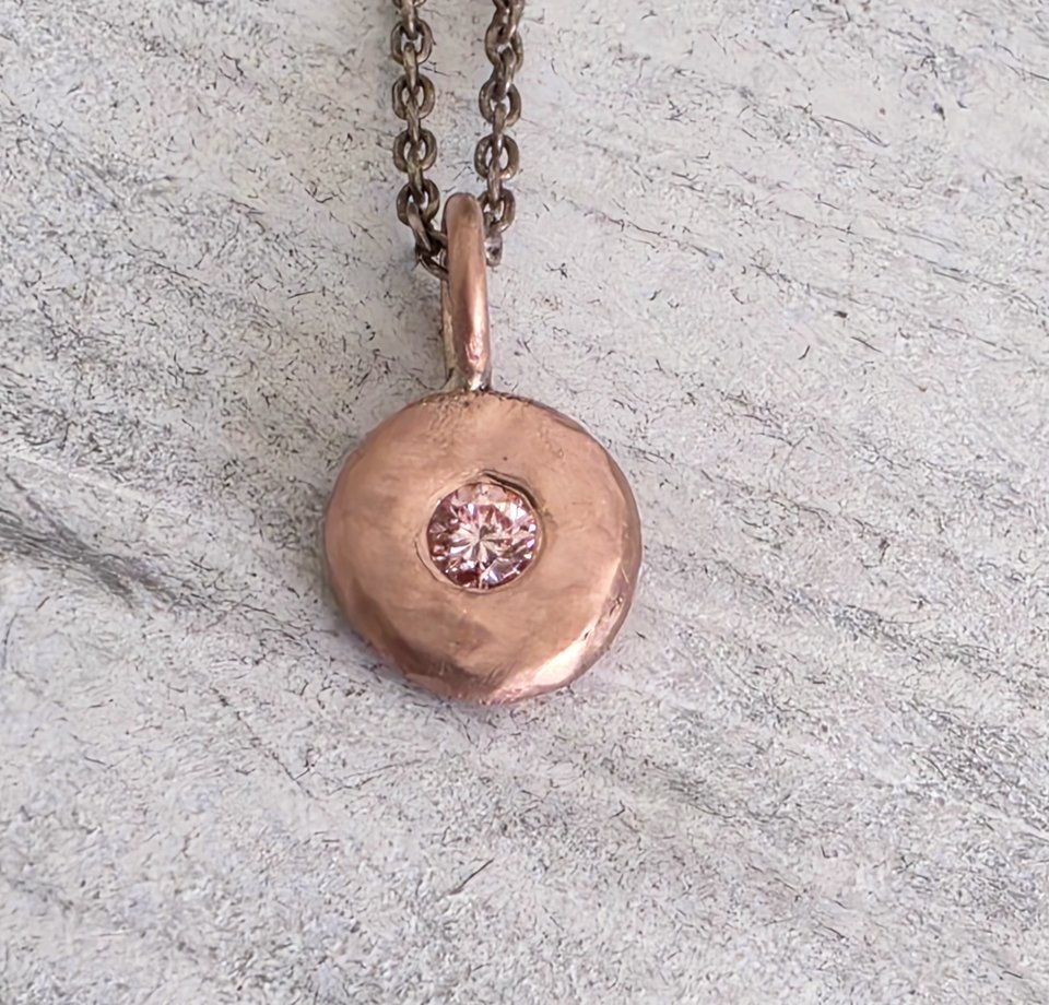 Pink Lab Diamond Coin Pebble Necklace, Handmade 14k gold Pendant,  Diamond Disc Pendant, Ready to Ship Neckwear