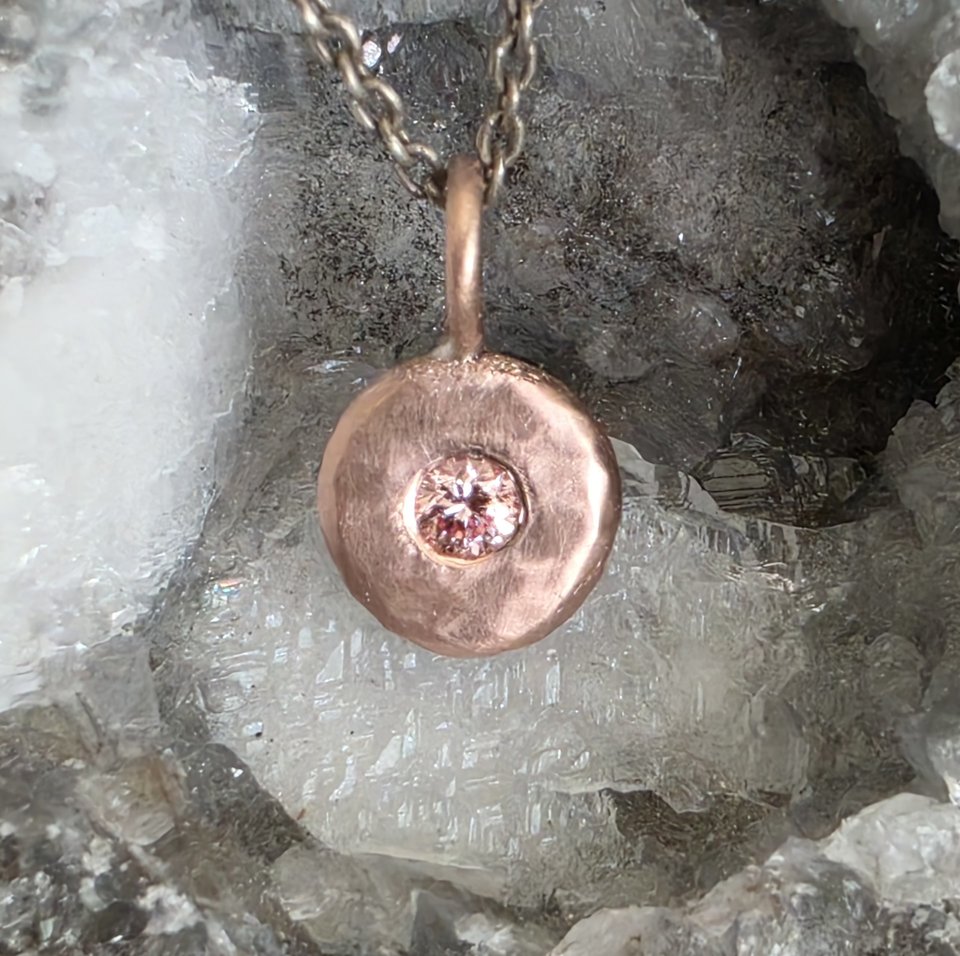 Pink Lab Diamond Coin Pebble Necklace, Handmade 14k gold Pendant,  Diamond Disc Pendant, Ready to Ship Neckwear